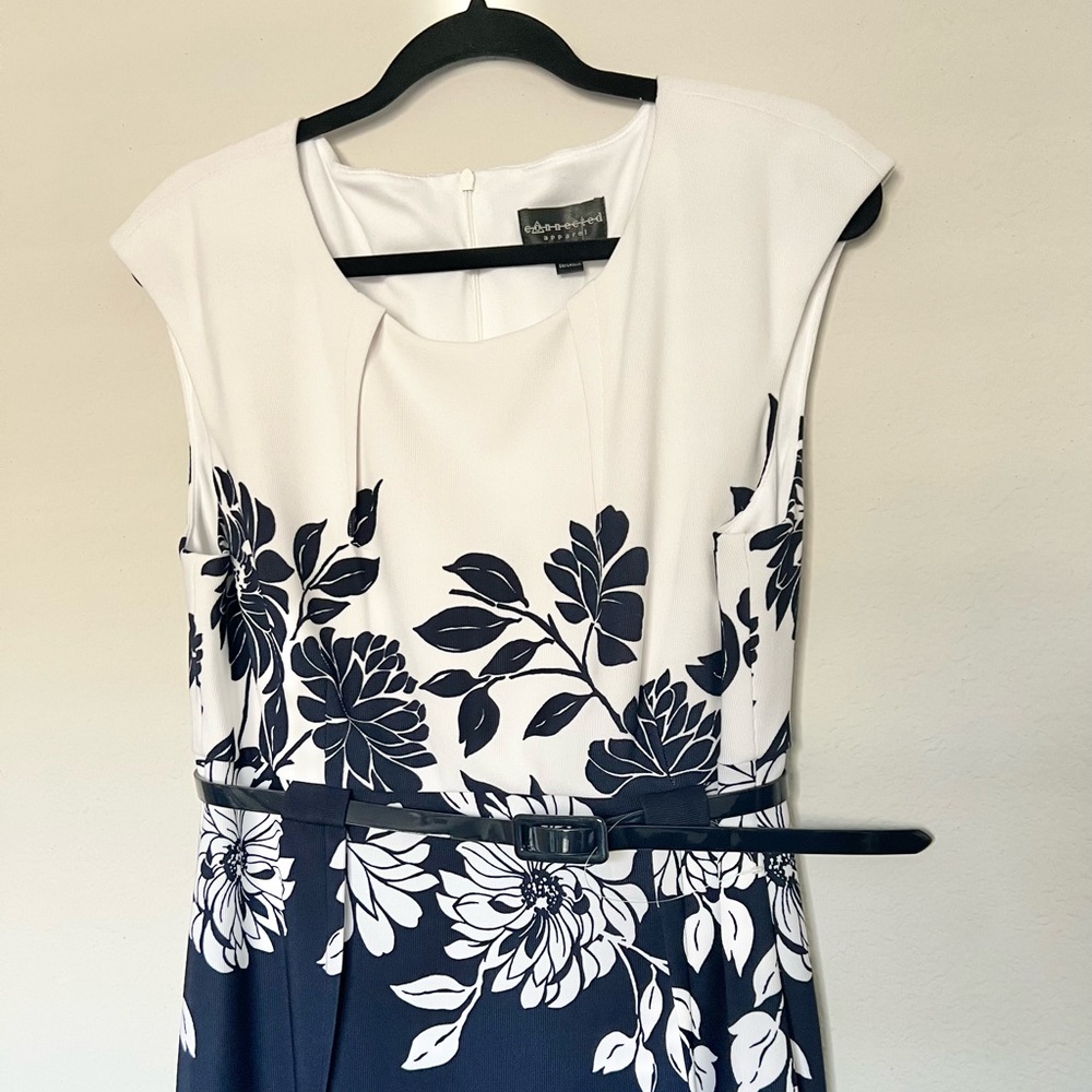 NWOT Navy & White Color-block floral Midi Dress Size 16 Wedding Party Church